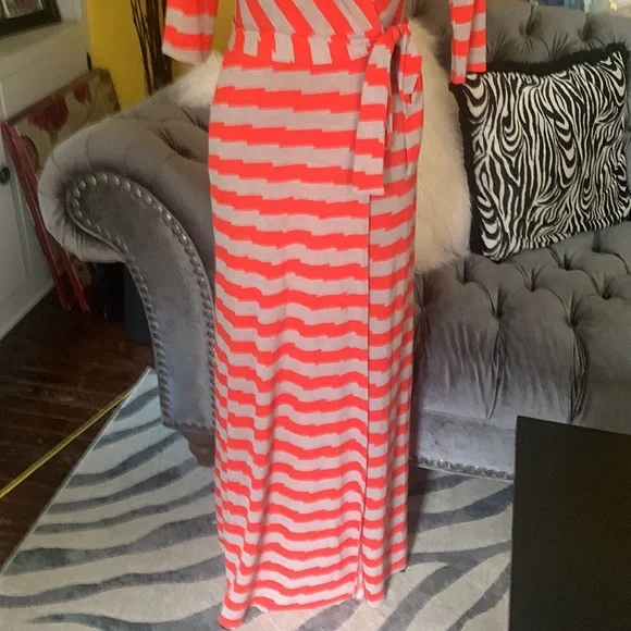 Orange and tan maxi faux wrap dress with v neck - Picture 3 of 6